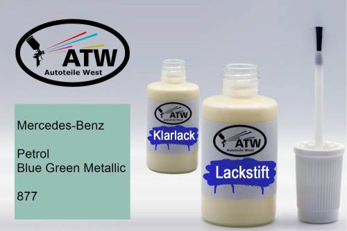 Mercedes-Benz, Petrol Blue Green Metallic, 877: 20ml Lackstift + 20ml Klarlack - Set, von ATW Autoteile West.